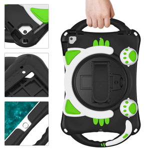 Cute Cat King Kids Shockproof Silicone Tablet Case with Holder & Shoulder Strap & Handle For iPad 9.7 2018 / 2017 / Air / Air 2 / Pro 9.7(Black Green)