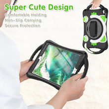 Cute Cat King Kids Shockproof Silicone Tablet Case with Holder & Shoulder Strap & Handle For iPad 9.7 2018 / 2017 / Air / Air 2 / Pro 9.7(Black Green)