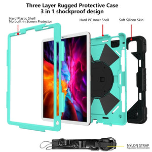 For iPad Pro 11 2022 / 2021 / 2020 / 2018 / Air 2020 10.9 Contrast Color Robot Shockproof Silicone PC Tablet Case with Holder & Shoulder Strap(Black Mint)