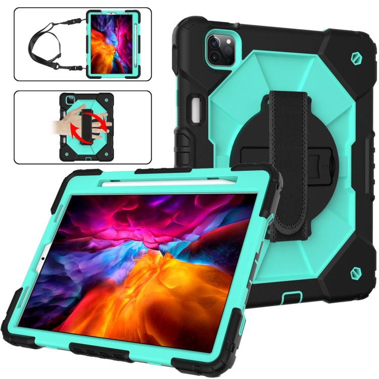 For iPad Pro 11 2022 / 2021 / 2020 / 2018 / Air 2020 10.9 Contrast Color Robot Shockproof Silicone PC Tablet Case with Holder & Shoulder Strap(Black Mint)