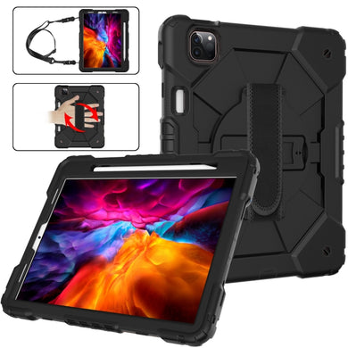 For iPad Pro 11 2022 / 2021 / 2020 / 2018 / Air 2020 10.9 Contrast Color Robot Shockproof Silicone PC Tablet Case with Holder & Shoulder Strap(Black)