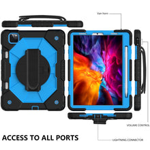 For iPad Pro 11 2022 / 2021 / 2020 / 2018 / Air 2020 10.9 Contrast Color Robot Shockproof Silicone PC Tablet Case with Holder & Shoulder Strap(Black Blue)