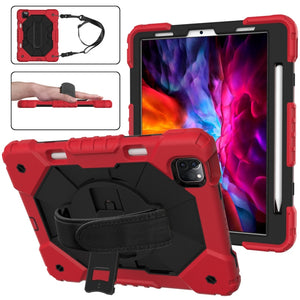 For iPad Pro 11 2022 / 2021 / 2020 / 2018 / Air 2020 10.9 Contrast Color Robot Shockproof Silicone PC Tablet Case with Holder & Shoulder Strap(Red Black)