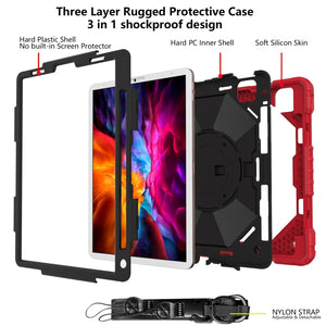 For iPad Pro 11 2022 / 2021 / 2020 / 2018 / Air 2020 10.9 Contrast Color Robot Shockproof Silicone PC Tablet Case with Holder & Shoulder Strap(Red Black)