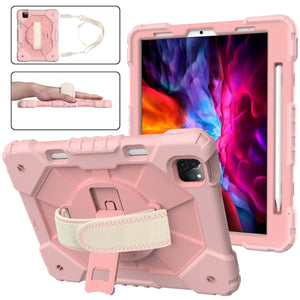 For iPad Pro 11 2022 / 2021 / 2020 / 2018 / Air 2020 10.9 Contrast Color Robot Shockproof Silicone PC Tablet Case with Holder & Shoulder Strap(Rose Gold)