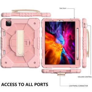 For iPad Pro 11 2022 / 2021 / 2020 / 2018 / Air 2020 10.9 Contrast Color Robot Shockproof Silicone PC Tablet Case with Holder & Shoulder Strap(Rose Gold)