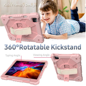 For iPad Pro 11 2022 / 2021 / 2020 / 2018 / Air 2020 10.9 Contrast Color Robot Shockproof Silicone PC Tablet Case with Holder & Shoulder Strap(Rose Gold)