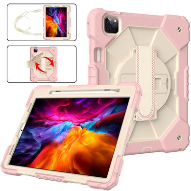 For iPad Pro 11 2022 / 2021 / 2020 / 2018 / Air 2020 10.9 Contrast Color Robot Shockproof Silicone PC Tablet Case with Holder & Shoulder Strap(Rose Gold Beige)