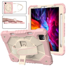 For iPad Pro 11 2022 / 2021 / 2020 / 2018 / Air 2020 10.9 Contrast Color Robot Shockproof Silicone PC Tablet Case with Holder & Shoulder Strap(Rose Gold Beige)