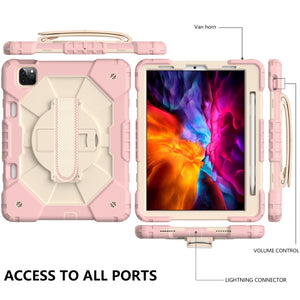 For iPad Pro 11 2022 / 2021 / 2020 / 2018 / Air 2020 10.9 Contrast Color Robot Shockproof Silicone PC Tablet Case with Holder & Shoulder Strap(Rose Gold Beige)