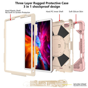 For iPad Pro 11 2022 / 2021 / 2020 / 2018 / Air 2020 10.9 Contrast Color Robot Shockproof Silicone PC Tablet Case with Holder & Shoulder Strap(Rose Gold Beige)