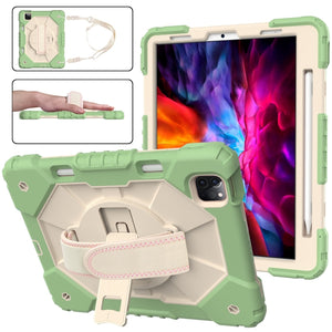 For iPad Pro 11 2022 / 2021 / 2020 / 2018 / Air 2020 10.9 Contrast Color Robot Shockproof Silicone PC Tablet Case with Holder & Shoulder Strap(Matcha Green Beige)