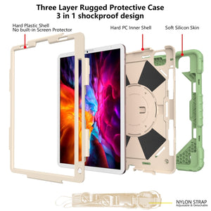 For iPad Pro 11 2022 / 2021 / 2020 / 2018 / Air 2020 10.9 Contrast Color Robot Shockproof Silicone PC Tablet Case with Holder & Shoulder Strap(Matcha Green Beige)