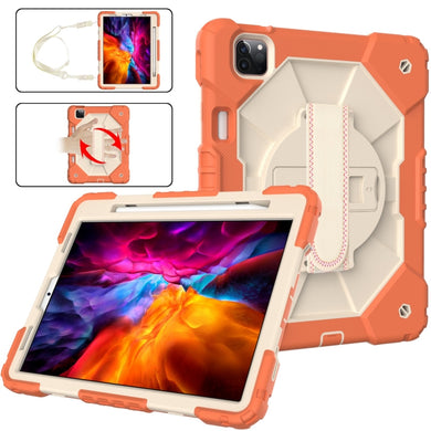 For iPad Pro 11 2022 / 2021 / 2020 / 2018 / Air 2020 10.9 Contrast Color Robot Shockproof Silicone PC Tablet Case with Holder & Shoulder Strap(Coral Orange Beige)