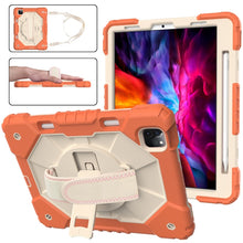 For iPad Pro 11 2022 / 2021 / 2020 / 2018 / Air 2020 10.9 Contrast Color Robot Shockproof Silicone PC Tablet Case with Holder & Shoulder Strap(Coral Orange Beige)