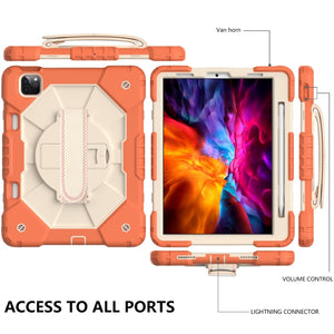 For iPad Pro 11 2022 / 2021 / 2020 / 2018 / Air 2020 10.9 Contrast Color Robot Shockproof Silicone PC Tablet Case with Holder & Shoulder Strap(Coral Orange Beige)