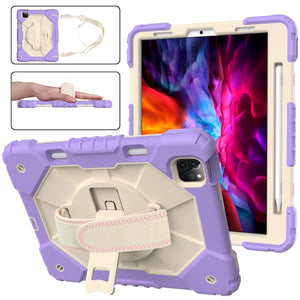 For iPad Pro 11 2022 / 2021 / 2020 / 2018 / Air 2020 10.9 Contrast Color Robot Shockproof Silicone PC Tablet Case with Holder & Shoulder Strap(Purple Beige)