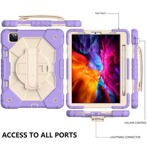 For iPad Pro 11 2022 / 2021 / 2020 / 2018 / Air 2020 10.9 Contrast Color Robot Shockproof Silicone PC Tablet Case with Holder & Shoulder Strap(Purple Beige)