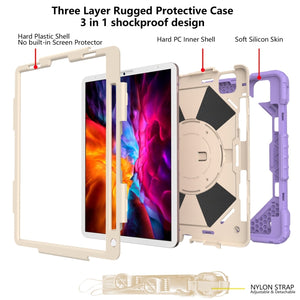 For iPad Pro 11 2022 / 2021 / 2020 / 2018 / Air 2020 10.9 Contrast Color Robot Shockproof Silicone PC Tablet Case with Holder & Shoulder Strap(Purple Beige)