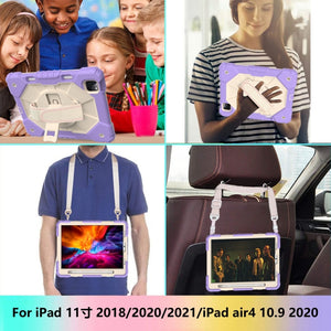 For iPad Pro 11 2022 / 2021 / 2020 / 2018 / Air 2020 10.9 Contrast Color Robot Shockproof Silicone PC Tablet Case with Holder & Shoulder Strap(Purple Beige)