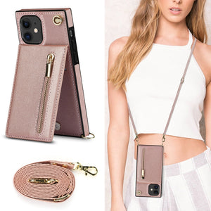 For iPhone 11 Cross-body Zipper Square TPU+PU Back Cover Case with Holder & Card Slots & Wallet & Strap (Rose Gold)