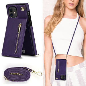 For iPhone 11 Cross-body Zipper Square TPU+PU Back Cover Case with Holder & Card Slots & Wallet & Strap (Purple)