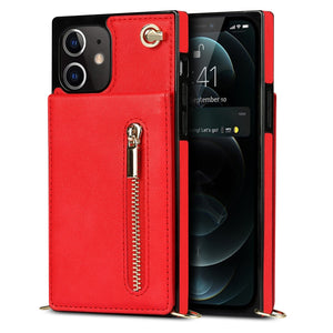 For iPhone 12 mini Cross-body Zipper Square TPU+PU Back Cover Case with Holder & Card Slots & Wallet & Strap (Red)