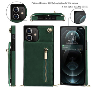 For iPhone 12 mini Cross-body Zipper Square TPU+PU Back Cover Case with Holder & Card Slots & Wallet & Strap (Green)
