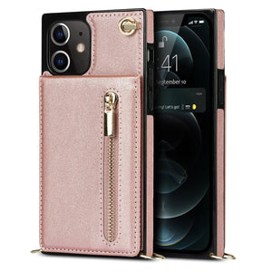 For iPhone 12 mini Cross-body Zipper Square TPU+PU Back Cover Case with Holder & Card Slots & Wallet & Strap (Rose Gold)