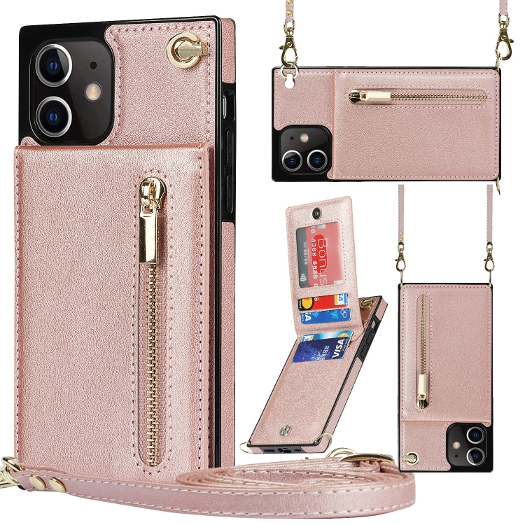 For iPhone 12 mini Cross-body Zipper Square TPU+PU Back Cover Case with Holder & Card Slots & Wallet & Strap (Rose Gold)