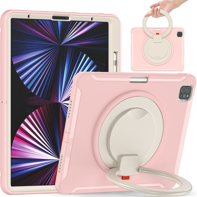 For iPad Pro 12.9 2022 / 2021 Shockproof TPU + PC Protective Tablet Case with 360 Degree Rotation Foldable Handle Grip Holder & Pen Slot(Cherry Blossoms Pink)