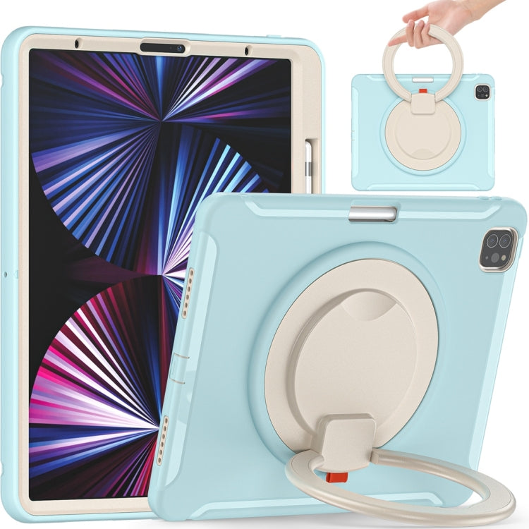 For iPad Pro 12.9 2022 / 2021 Shockproof TPU + PC Protective Tablet Case with 360 Degree Rotation Foldable Handle Grip Holder & Pen Slot(Ice Crystal Blue)