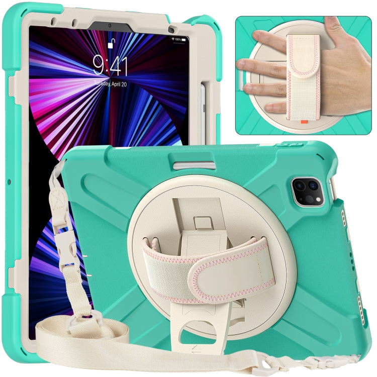 For iPad Pro 11 2022 / 2021 / 2020 / 2018 Silicone + PC Protective Tablet Case with Holder & Shoulder Strap(Mint Green)