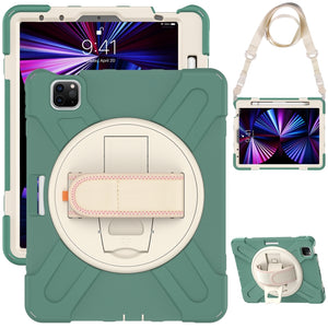 For iPad Pro 11 2022 / 2021 / 2020 / 2018 Silicone + PC Protective Tablet Case with Holder & Shoulder Strap(Emerald Green)