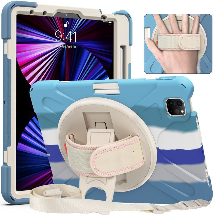 For iPad Pro 11 2022 / 2021 / 2020 / 2018 Silicone + PC Protective Tablet Case with Holder & Shoulder Strap(Colorful Blue)