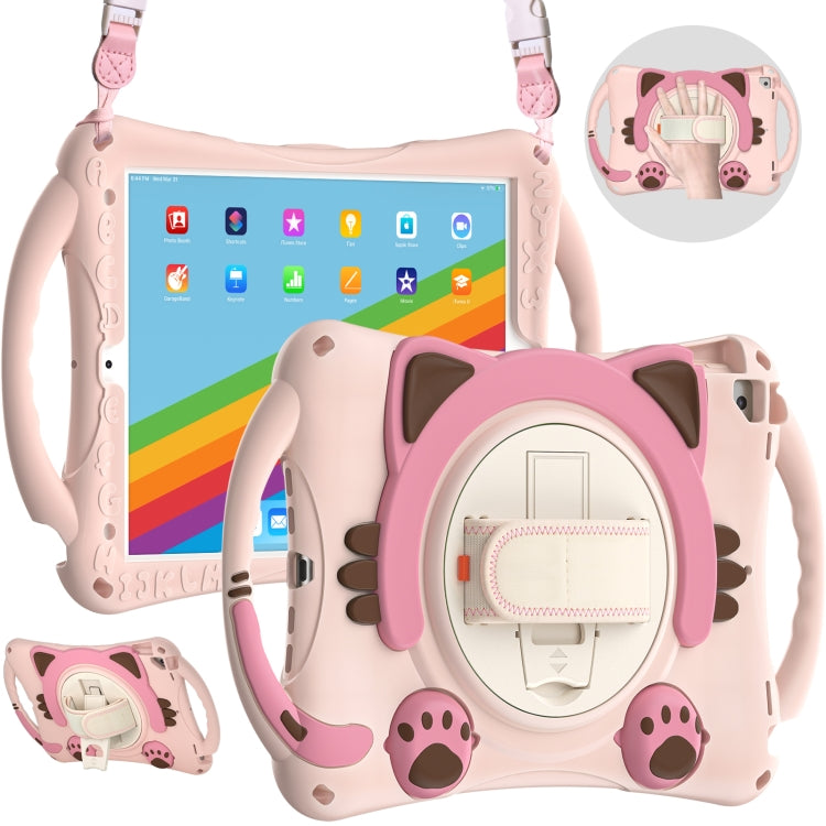 Cute Cat King Kids Shockproof Silicone Tablet Case with Holder & Shoulder Strap & Handle For iPad 10.2 2021 / 2020 / 2019 / Pro 10.5 / Air 10.5(Pink)