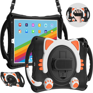 Cute Cat King Kids Shockproof Silicone Tablet Case with Holder & Shoulder Strap & Handle For iPad 10.2 2021 / 2020 / 2019 / Pro 10.5 / Air 10.5(Black Orange)