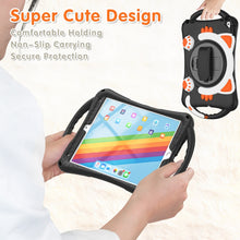 Cute Cat King Kids Shockproof Silicone Tablet Case with Holder & Shoulder Strap & Handle For iPad 10.2 2021 / 2020 / 2019 / Pro 10.5 / Air 10.5(Black Orange)