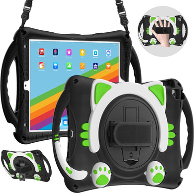 Cute Cat King Kids Shockproof Silicone Tablet Case with Holder & Shoulder Strap & Handle For iPad 10.2 2021 / 2020 / 2019 / Pro 10.5 / Air 10.5(Black Green)