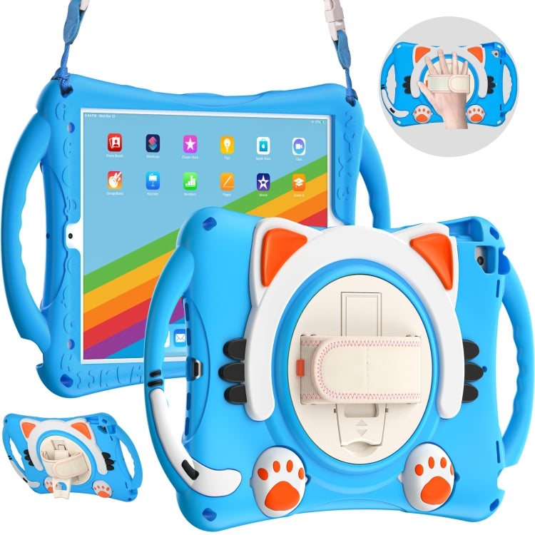 Cute Cat King Kids Shockproof Silicone Tablet Case with Holder & Shoulder Strap & Handle For iPad 10.2 2021 / 2020 / 2019 / Pro 10.5 / Air 10.5(Light Blue)