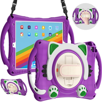 Cute Cat King Kids Shockproof Silicone Tablet Case with Holder & Shoulder Strap & Handle For iPad 10.2 2021 / 2020 / 2019 / Pro 10.5 / Air 10.5(Purple)