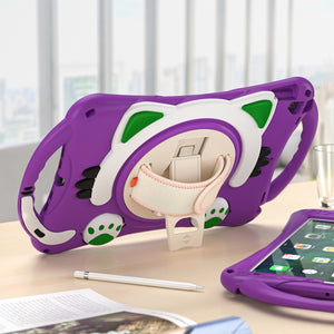 Cute Cat King Kids Shockproof Silicone Tablet Case with Holder & Shoulder Strap & Handle For iPad 10.2 2021 / 2020 / 2019 / Pro 10.5 / Air 10.5(Purple)