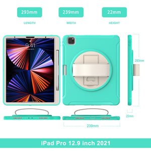 For iPad Pro 12.9 2022 / 2021 360 Degree Rotation PC + TPU Protective Tablet Case with Holder & Hand-strap(Mint Green)