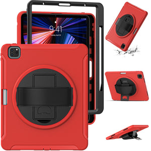 For iPad Pro 12.9 2022 / 2021 360 Degree Rotation PC + TPU Protective Tablet Case with Holder & Hand-strap(Red)