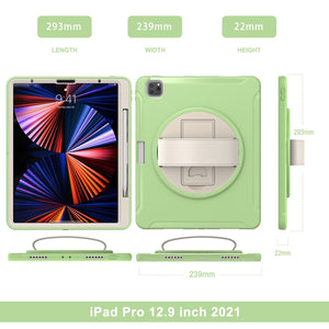 For iPad Pro 12.9 2022 / 2021 360 Degree Rotation PC + TPU Protective Tablet Case with Holder & Hand-strap(Matcha Green)