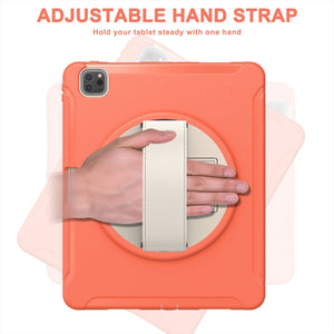 For iPad Pro 12.9 2022 / 2021 360 Degree Rotation PC + TPU Protective Tablet Case with Holder & Hand-strap(Coral Orange)