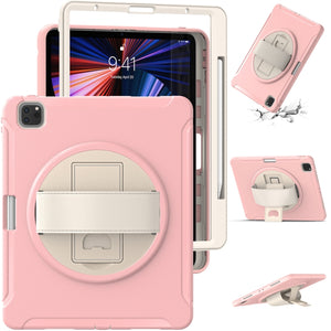 For iPad Pro 12.9 2022 / 2021 360 Degree Rotation PC + TPU Protective Tablet Case with Holder & Hand-strap(Cherry Blossoms Pink)