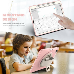 For iPad Pro 12.9 2022 / 2021 360 Degree Rotation PC + TPU Protective Tablet Case with Holder & Hand-strap(Cherry Blossoms Pink)