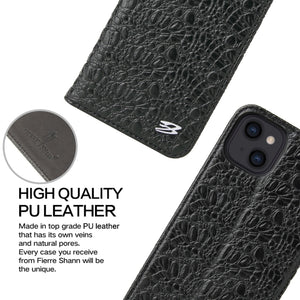 For iPhone 13 mini Fierre Shann Crocodile Texture Magnetic Horizontal Flip Genuine Leather Case with Holder & Card Slot (Black)