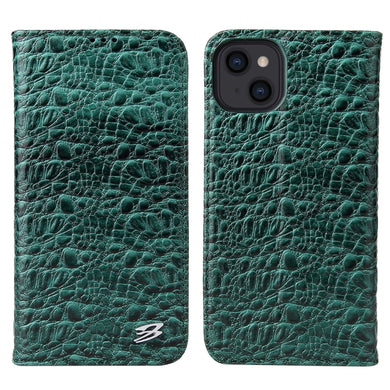 For iPhone 13 Fierre Shann Crocodile Texture Magnetic Horizontal Flip Genuine Leather Case with Holder & Card Slot(Green)